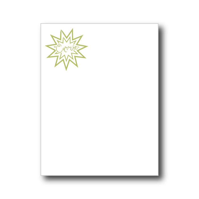 A white notepad with a star shape a that can be personalized with your name and choice of colors