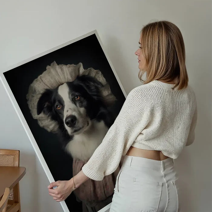 Border Collie Dog Portrait Print held up against a living room wall
