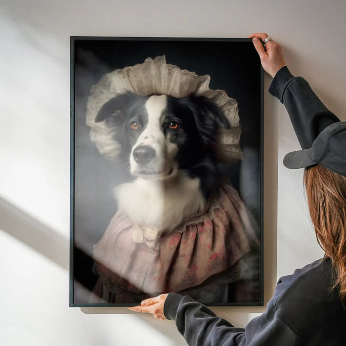 Border Collie Dog Portrait Print being hung on a wall in a black frame