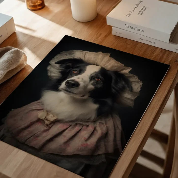 Border Collie Dog Portrait Print, quirky altered art print unframed on a home office desk