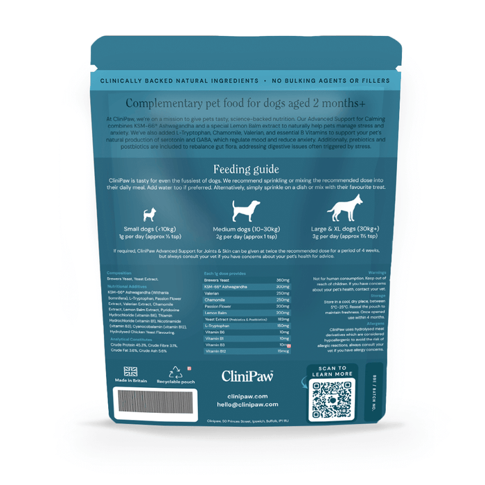 CliniPaw Calming supplement back of pack