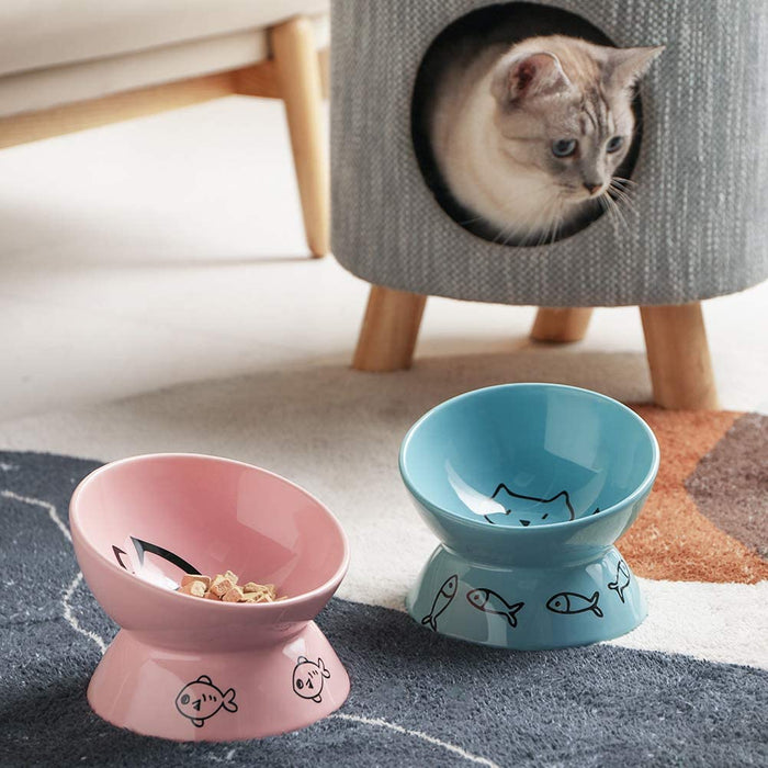 Ceramic Raised Cat Bowls, Slanted Cat Dish Food or Water Bowls, Elevated Porcelain Pet Feeder Bowl Protect Cat'S Spine, Stress Free, Backflow Prevention(Pink)