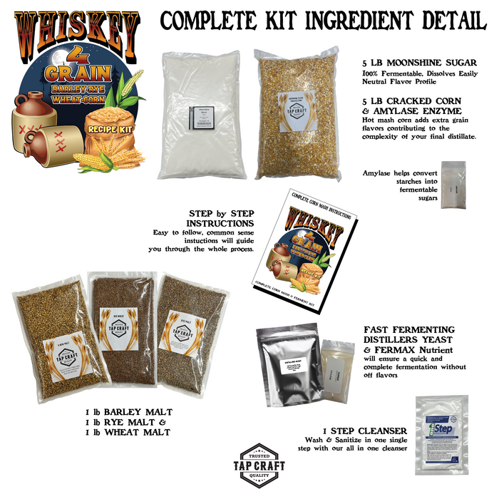 Complete Corn, Barley, Rye and Wheat Whiskey Fermentation Kit