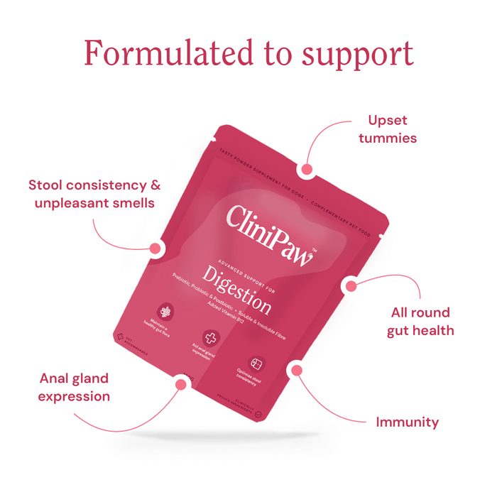 A pouch of CliniPaw Digestion supplement with the common issues it's formulated to support - upset tummies, stool consistency & unpleasant smells, anal gland expression, immunity, all round gut health