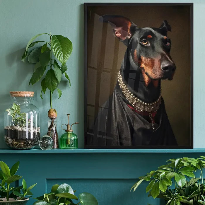 Doberman Dog Portrait Print, quirky altered art print black framed on a living room shelf