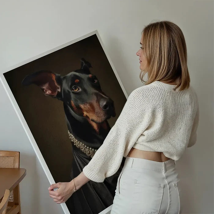 Doberman Dog Portrait Print held up against a living room wall