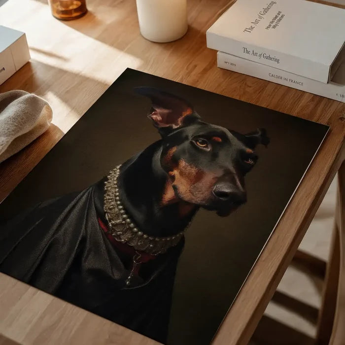 Doberman Dog Portrait Print, quirky altered art print unframed on a home office desk