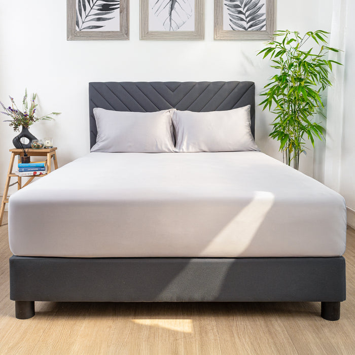Eco Deluxe Bed Linens 3 Piece Fitted Sheet Set in gray, shown in a room setting
