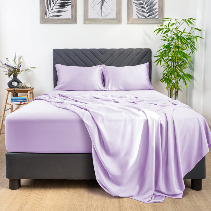 Eco Deluxe Bed Linens 4 Piece Flat Sheet Set in purple, shown in a room setting