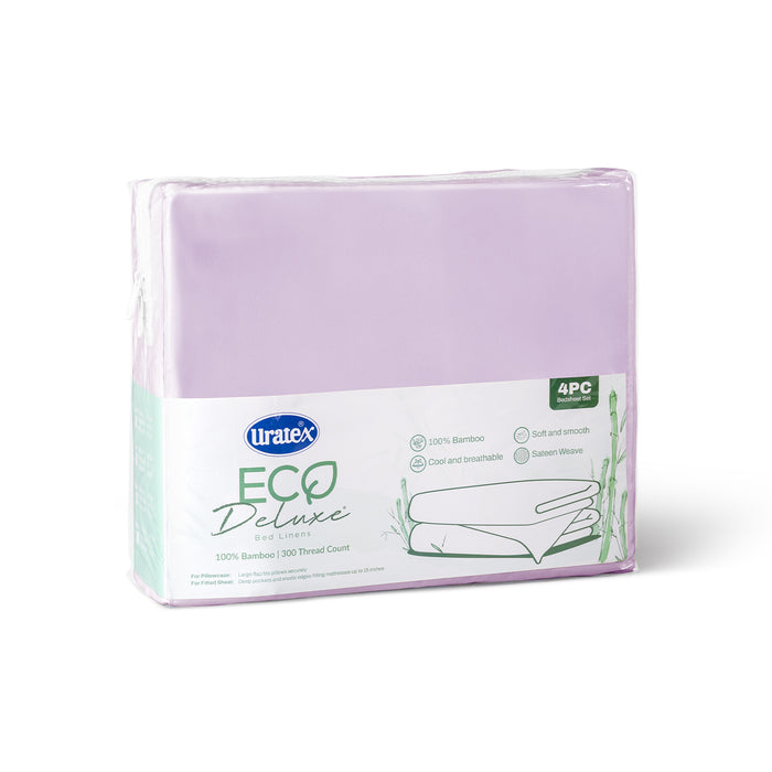 Packaging of the Eco Deluxe Bed Linens 4 Piece Flat Sheet Set in purple