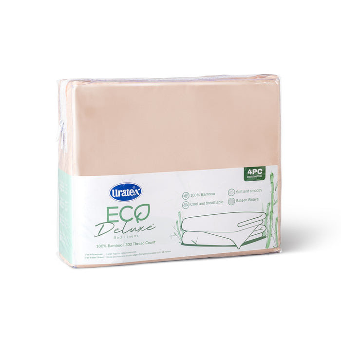 Packaging of the Eco Deluxe Bed Linens 4 Piece Flat Sheet Set in peach and cream