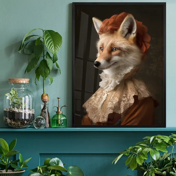Fox Lady Animal Portrait Print, quirky altered art print black framed on a living room shelf