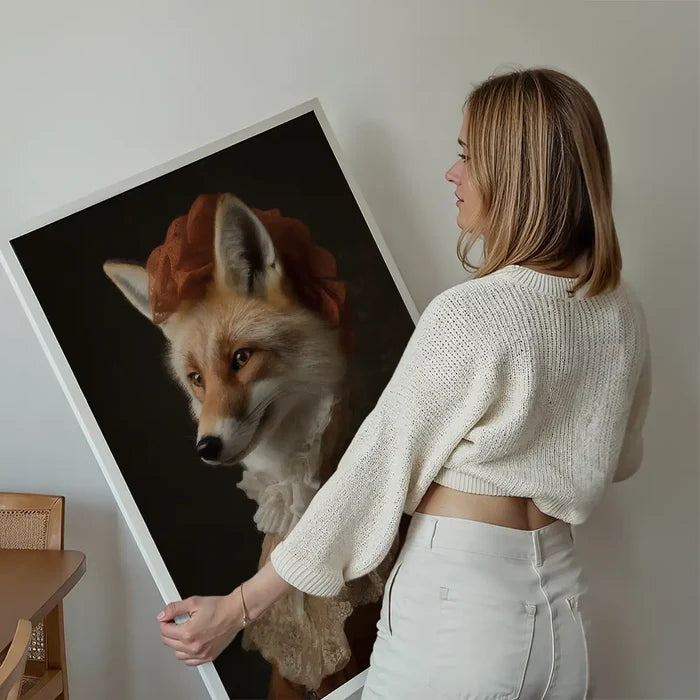 Fox Lady Animal Portrait Print held up against a living room wall