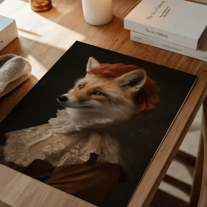 Fox Lady Animal Portrait Print, quirky altered art print unframed on a home office desk