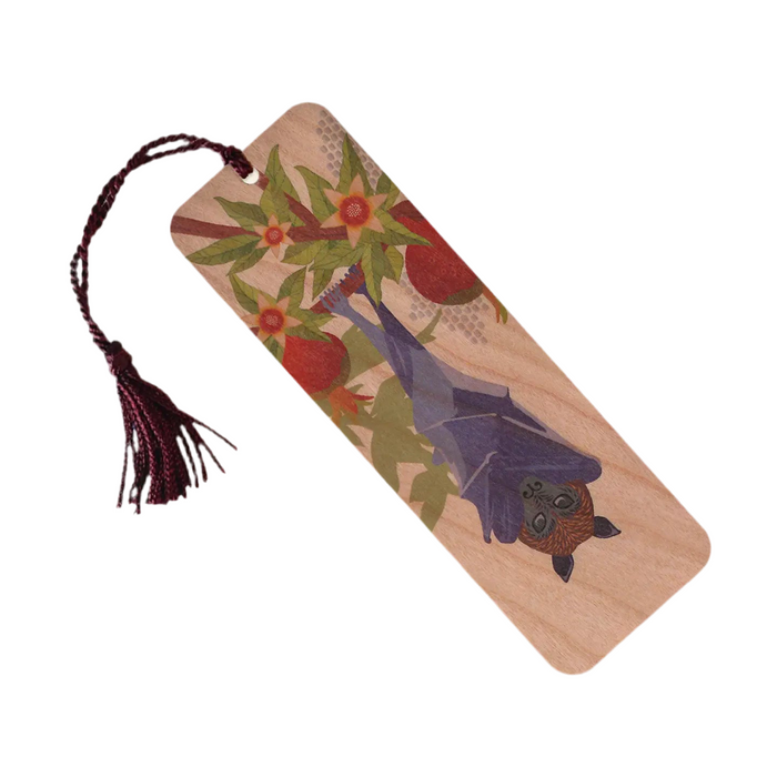 Fruit Bat and Pomegranate Wood Bookmark with Tassel