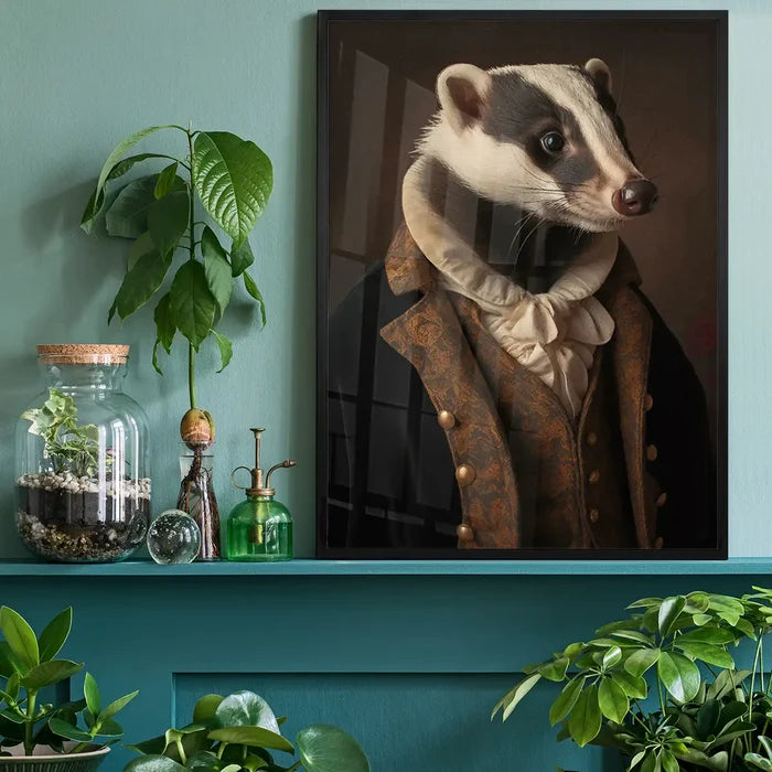 Gentleman Badger Animal Portrait Print, quirky altered art print black framed on a living room shelf