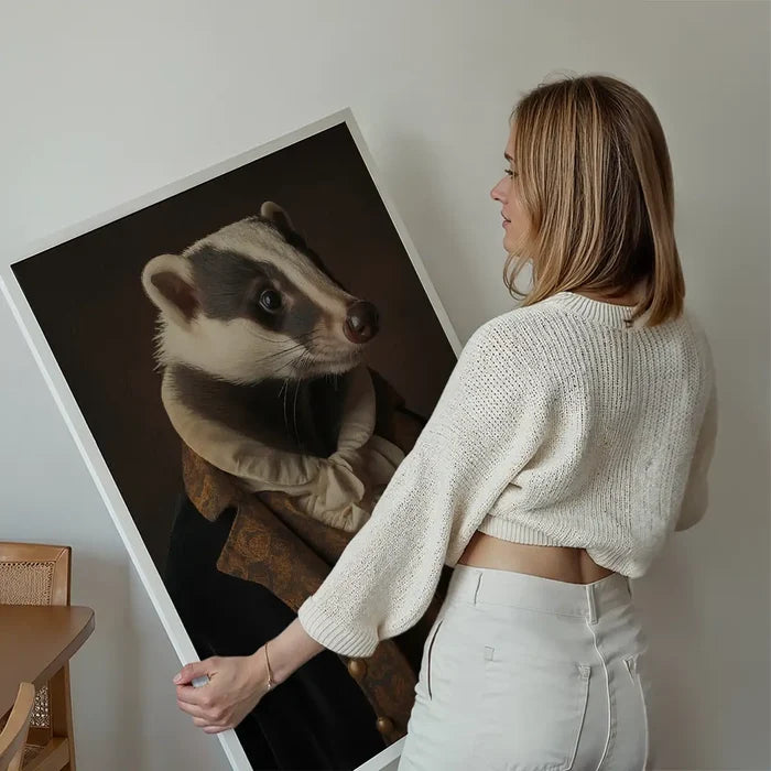 Gentleman Badger Animal Portrait Print held up against a living room wall