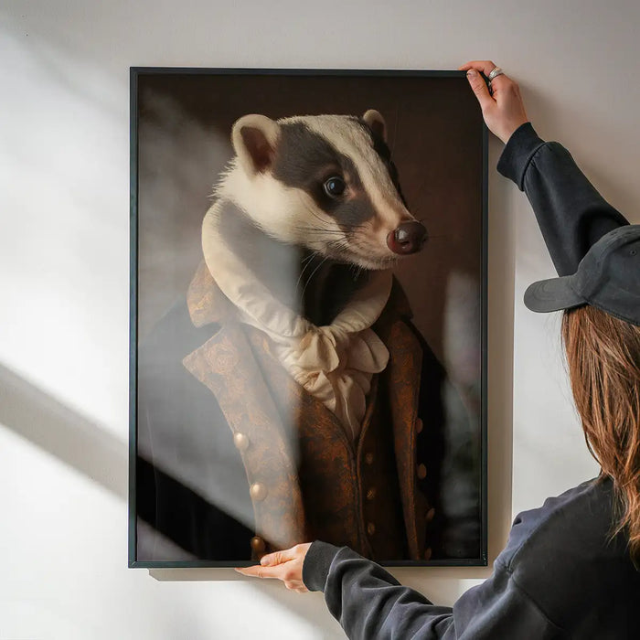 Gentleman Badger Animal Portrait Print being hung on a wall in a black frame