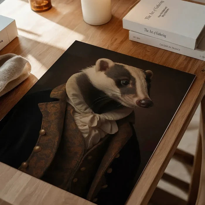 Gentleman Badger Animal Portrait Print, quirky altered art print unframed on a home office desk