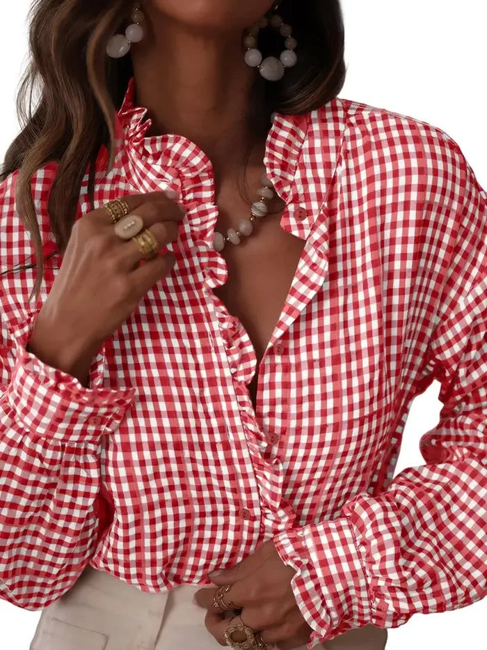 Gingham Check Ruffle Detail Top -Red