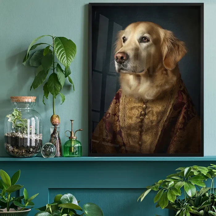 Golden Retriever Dog Portrait Print, quirky altered art print black framed on a living room shelf