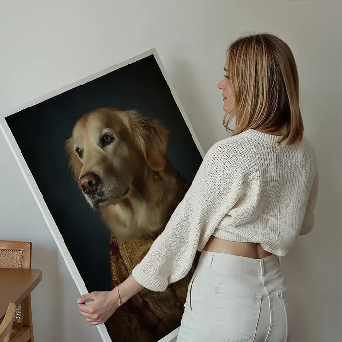 Golden Retriever Dog Portrait Print held up against a living room wall