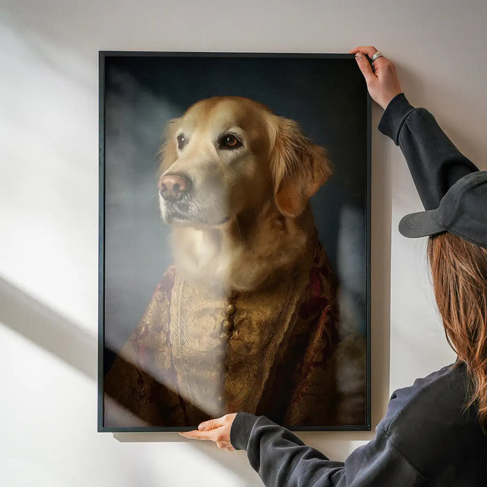 Golden Retriever Dog Portrait Print being hung on a wall in a black frame