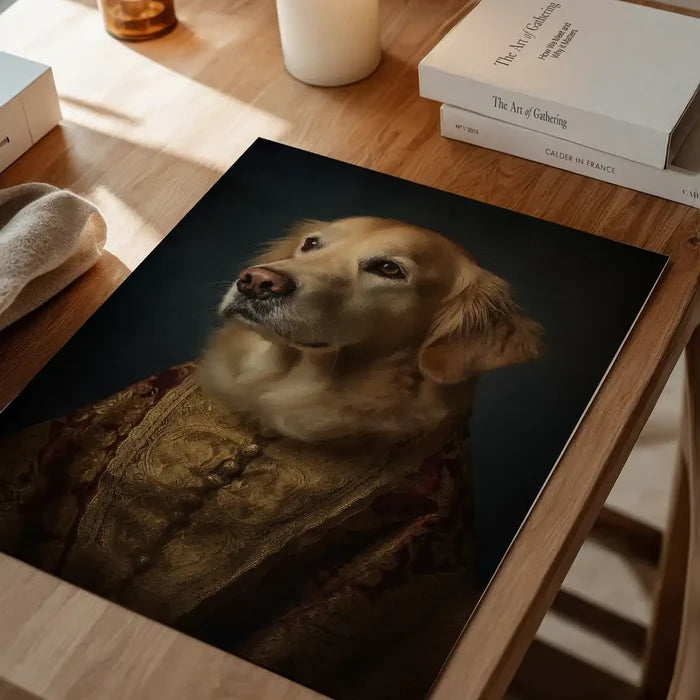 Golden Retriever Dog Portrait Print, quirky altered art print unframed on a home office desk