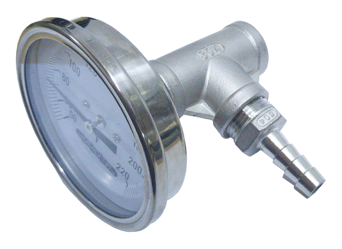 In-line thermometer for a wortchiller or kettle measure liquid while flowing..