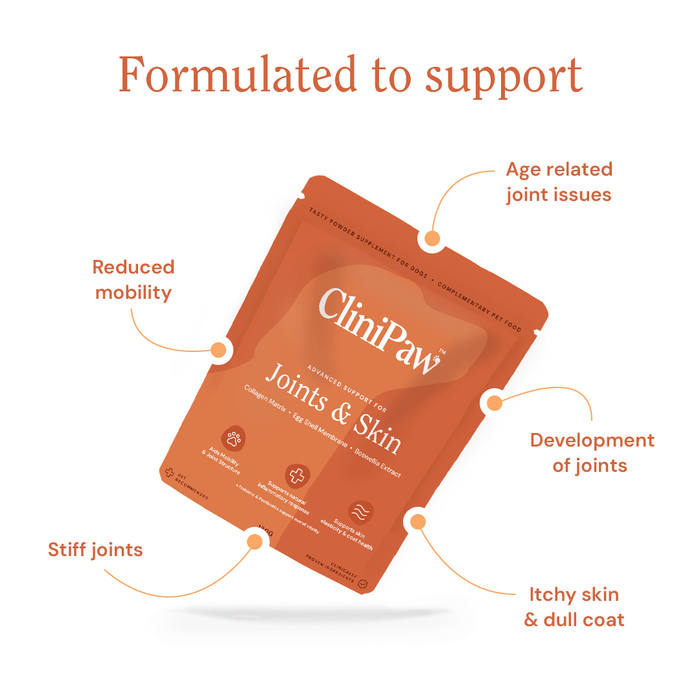 A pouch of CliniPaw Joints & Skin supplement with the common issues it's formulated to support - Age related joint issues, reduced mobility, stiff joints, itchy skin & dull coat, development of joints