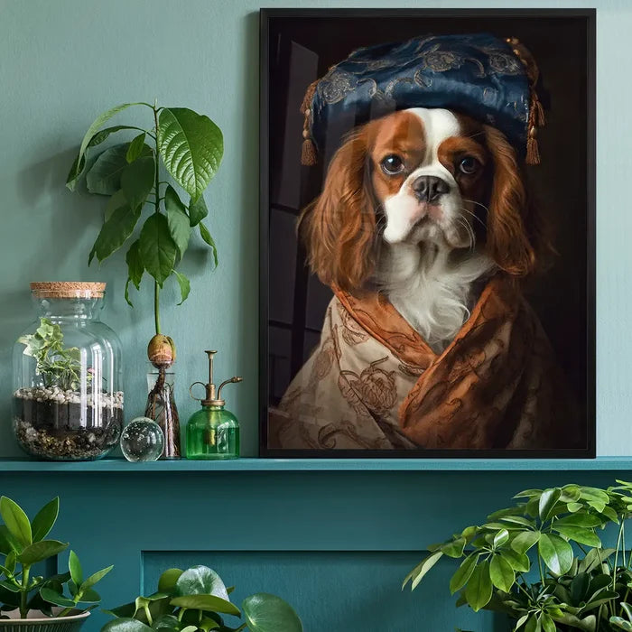 King Charles Spaniel Tan Dog Portrait Print, quirky altered art print black framed on a living room shelf