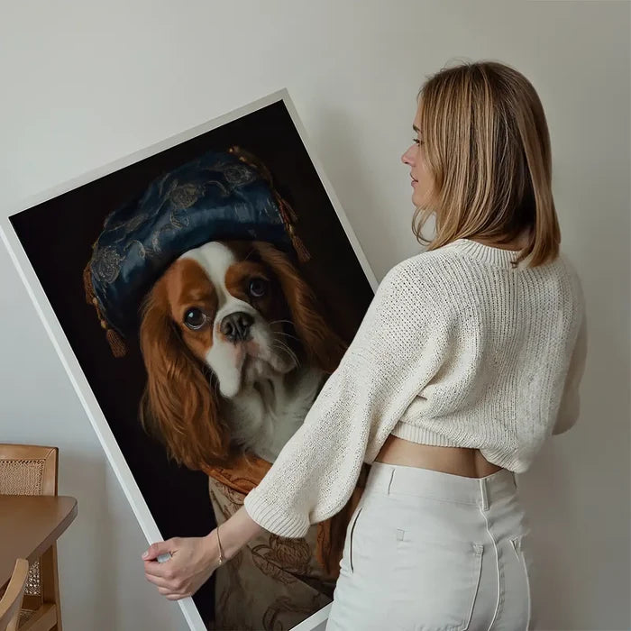 King Charles Spaniel Tan Dog Portrait Print held up against a living room wall