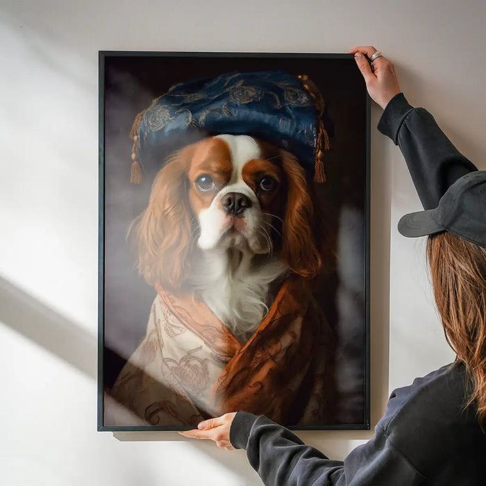King Charles Spaniel Tan Dog Portrait Print being hung on a wall in a black frame
