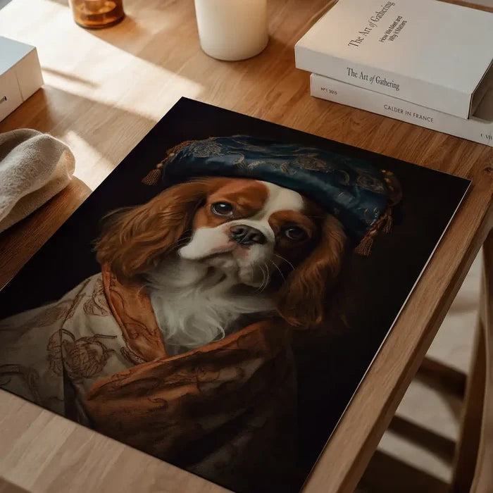 King Charles Spaniel Tan Dog Portrait Print, quirky altered art print unframed on a home office desk