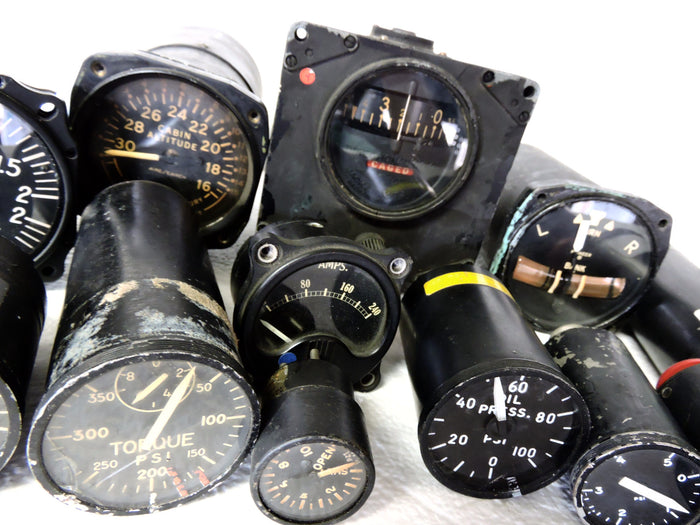Lot of 12 US Military Aircraft Instruments: Dir Gyro, VSI, Fuel, Oil, Oxygen, Ammeter, etc.