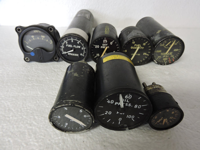 Lot of 12 US Military Aircraft Instruments: Dir Gyro, VSI, Fuel, Oil, Oxygen, Ammeter, etc.