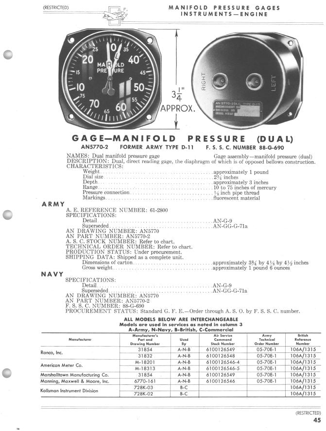 Manifold Pressure, Dual, Set for 4-Engine Aircraft, AN5770-2, D-11