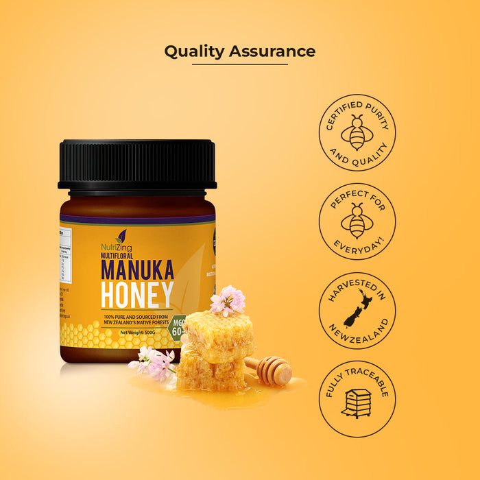 Manuka Honey MGO 60+ From New Zealand | 500g | 100% Pure, Thick & Creamy | Made in UK by NutriZing