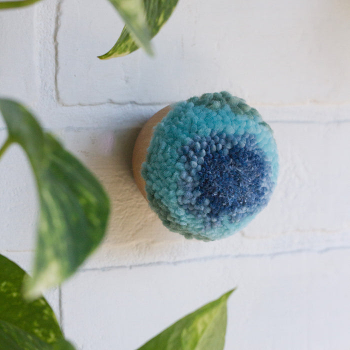 Mini Puff | Fiber Sculpture in Wood Frame - Blues and Teal