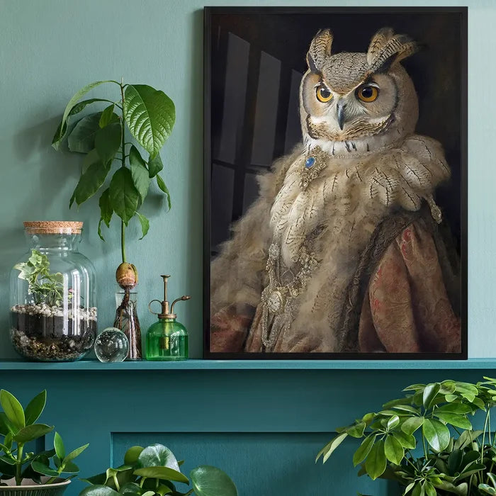 Owl Lady Animal Bird Portrait Print, quirky altered art print black framed on a living room shelf