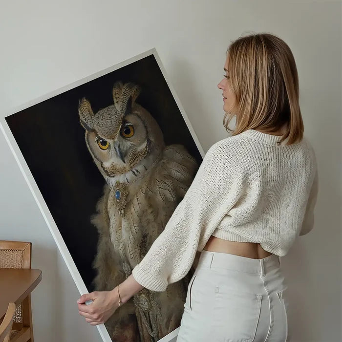 Owl Lady Animal Bird Portrait Print held up against a living room wall