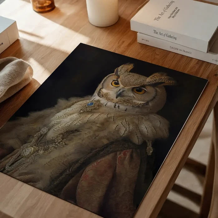 Owl Lady Animal Bird Portrait Print, quirky altered art print unframed on a home office desk