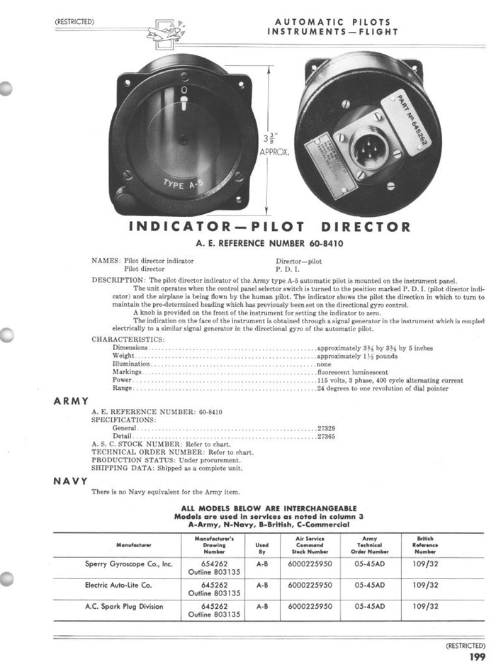 Pilot Director Indicator for Sperry A-5 Automatic Pilot