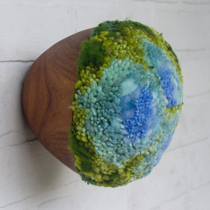 Puff Fiber Sculpture in Teak Frame | Blue + Green