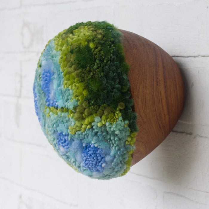 Puff Fiber Sculpture in Teak Frame | Blue + Green