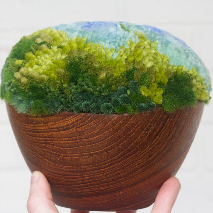Puff Fiber Sculpture in Teak Frame | Blue + Green