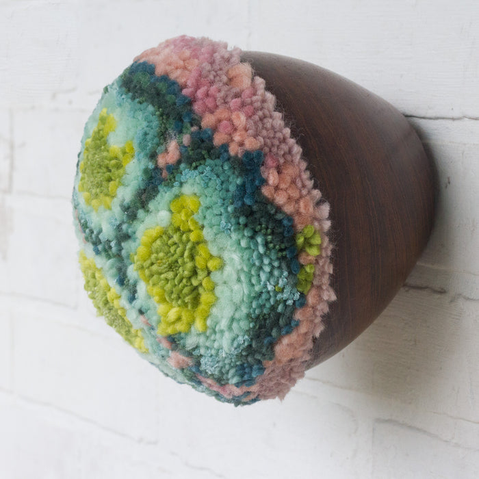 Puff Fiber Sculpture in Teak Frame | Bright Green + Pink