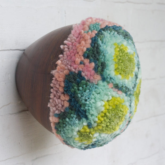 Puff Fiber Sculpture in Teak Frame | Bright Green + Pink