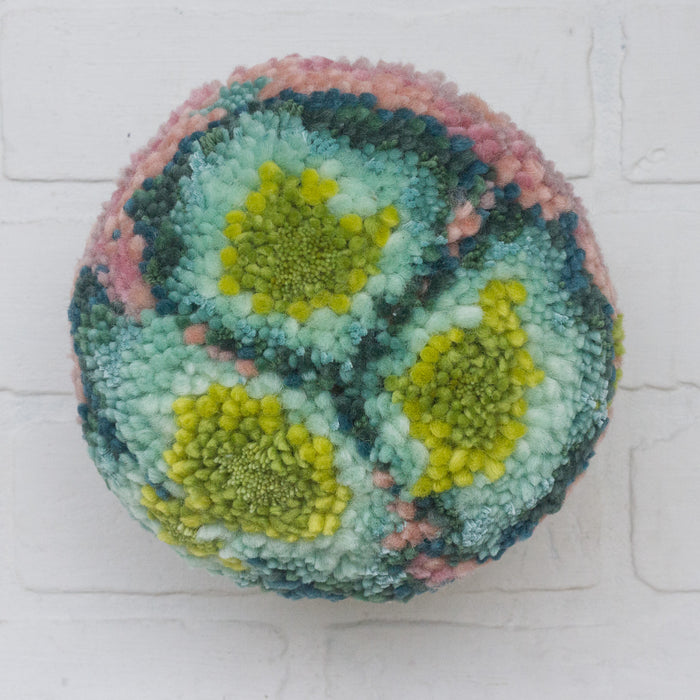 Puff Fiber Sculpture in Teak Frame | Bright Green + Pink
