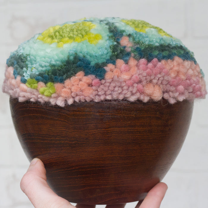 Puff Fiber Sculpture in Teak Frame | Bright Green + Pink
